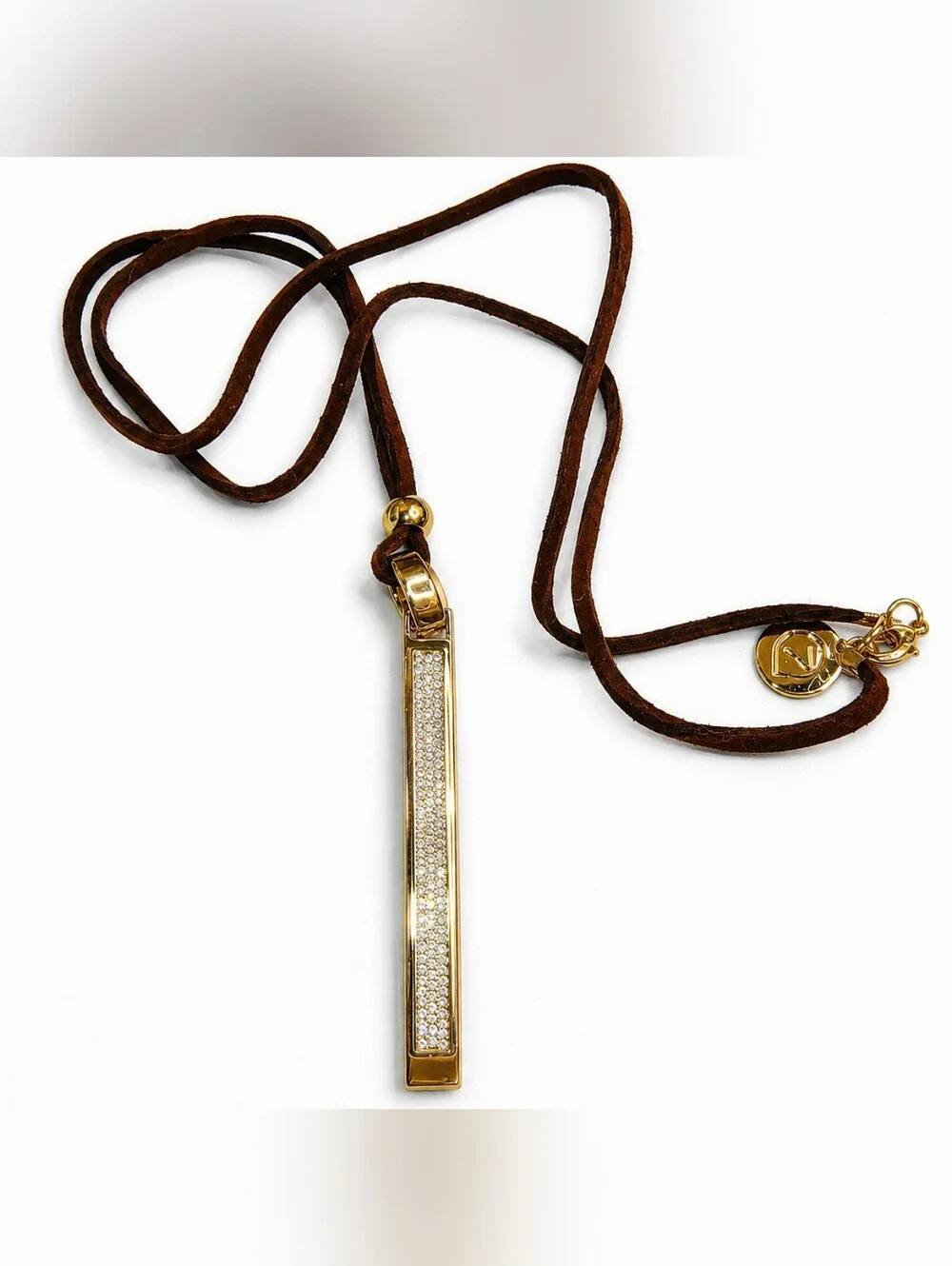 NWT Adjustable Suede Cord Necklace Crystal‎ Bar Pendant Gold Tone 30